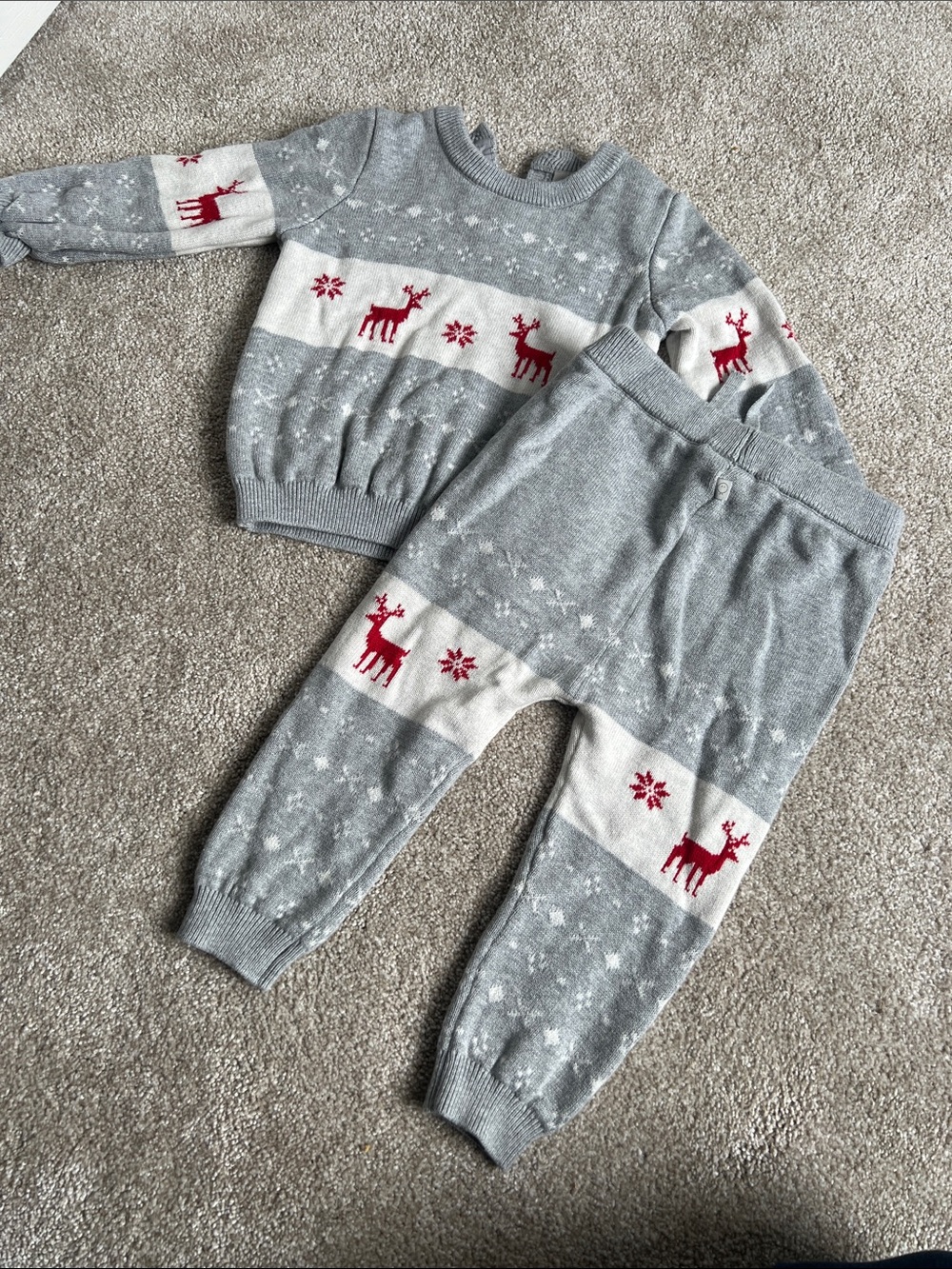 Kids Grey & White Reindeer Knit Matching Set with Red Accents